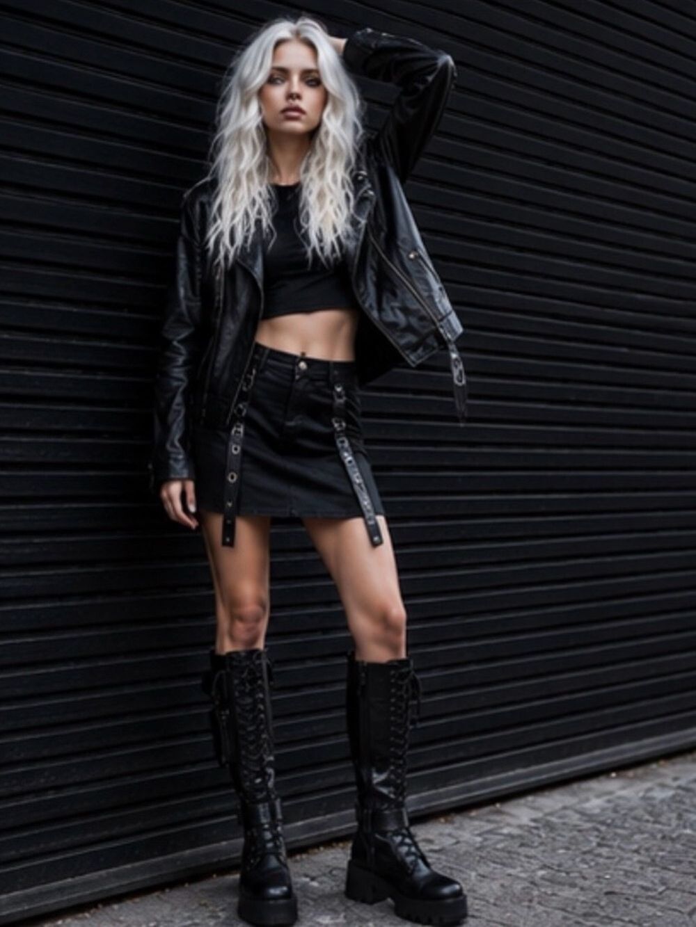 Black Knee High Platform Combat Boots With Cargo Pockets - Picture 3 of 9